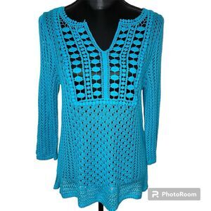 Chicos Crochet Sweater Swim Coverup Open Knit Weave Top Teal Blue Size Medium